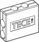 Weiße Schutzbox von TECE mit zwei runden Ausschnitten, geeignet für den Einsatz mit Kreuzungsfittings, dargestellt in einer einfachen Darstellungsform.
